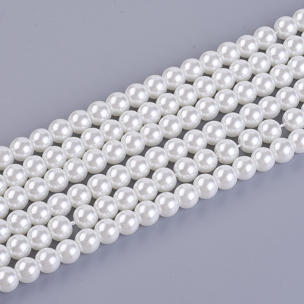 PandaHall Environmental Dyed Glass Pearl Round Bead Strands, Cotton Cord Threaded, White, 6mm, Hole: 1.2~1.5mm, about 72pcs/strand, 15"...