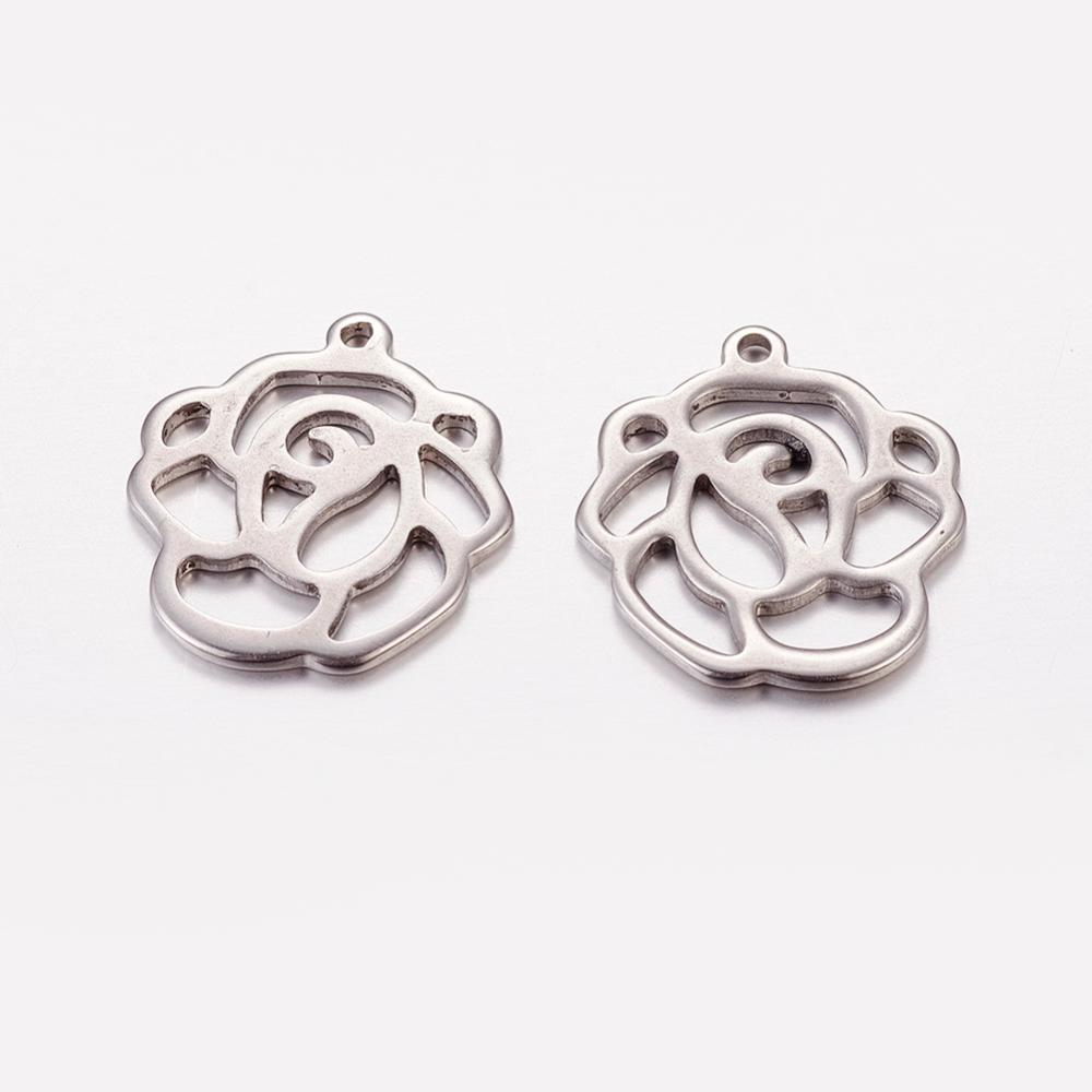 PandaHall 10Pcs Original Color Flower Rose Charms Stainless Steel Pendants, 16x15x1mm, Hole: 1mm Stainless Steel Flower