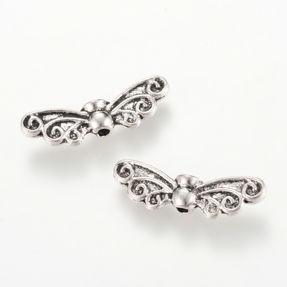 PandaHall Tibetan Style Alloy Beads, Wing, Lead Free & Cadmium Free, Antique Silver, 7x22x4mm, Hole: 1.5mm; about 1050pcs/1000g Alloy Wing