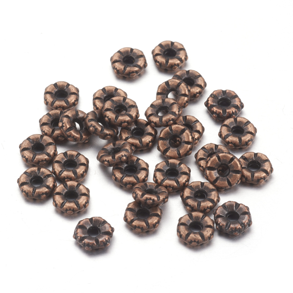 PandaHall Tibetan Style Bead Spacers, Zinc Alloy, Lead Free & Nickel Free & Cadmium Free, Flower, Red Copper Color, 5.5mm in diameter, 2mm...