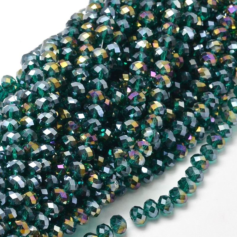 PandaHall Electroplate Glass Bead Strands, AB Color, Faceted, Rondelle, DarkCyan, 6x4mm, Hole: 1mm; about 101pcs/strand, 18.5" Glass...