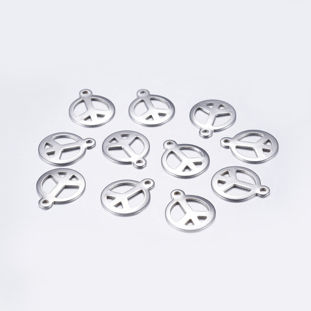 PandaHall 304 Stainless Steel Charms, Peace Sign, Stainless Steel Color, 15x12.5x1mm, Hole: 1mm Stainless Steel Peace Sign