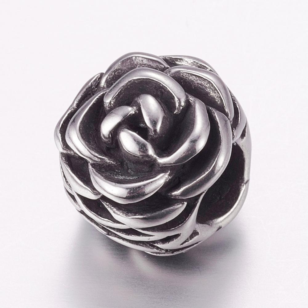 PandaHall 304 Stainless Steel European Beads, Large Hole Beads, Flower, Antique Silver, 12x13x12mm, Hole: 5mm Stainless Steel Flower