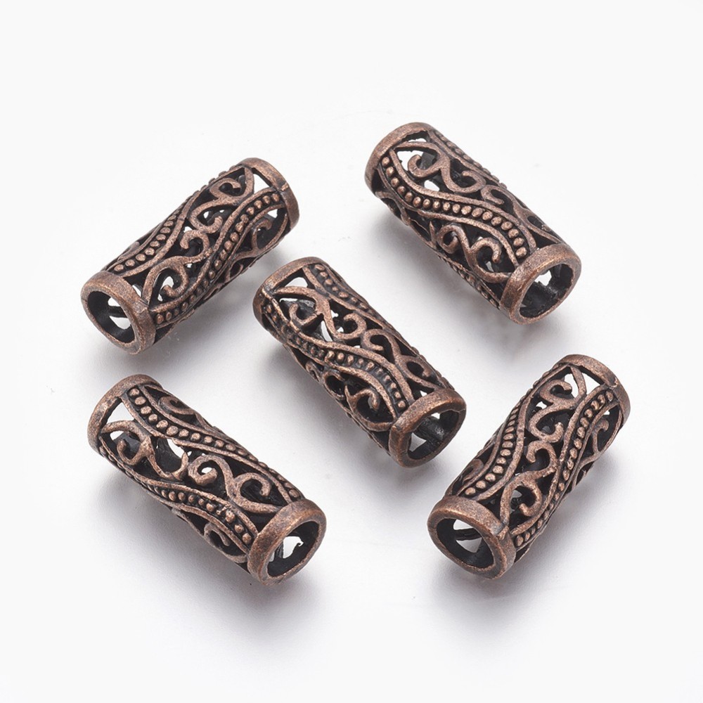 PandaHall Alloy Filigree Beads, Column, Red Copper, Size: about 30mm long, 11mm wide, 11mm thick, hole: 8mm Alloy Column