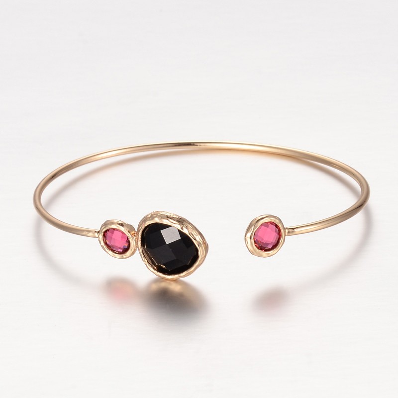PandaHall Golden Plated Brass Glass Cuff Bangles, HotPink, 43x62mm Glass Pink
