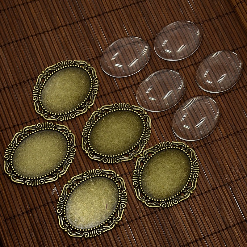 PandaHall 40x30mm Clear Oval Domed Glass Cabochon Cover for DIY Photo Alloy Cabochon Making, Nickel Free, Antique Bronze, Cabochon Settings...