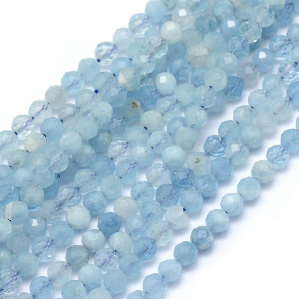 PandaHall Natural Aquamarine Beads Strands, Round, Faceted, 4mm, Hole: 1mm; about 105pcs/strand, 15.35"(39cm) Aquamarine Round Green