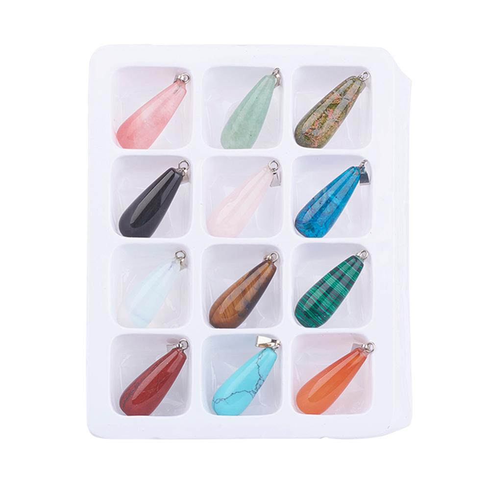 PandaHall Gemstone Pendants, with Brass Clasps, Mixed Stone, Drop, Mixed Color, 30x11mm, Hole: 6x2mm; 12pcs/box Mixed Stone Drop Multicolor