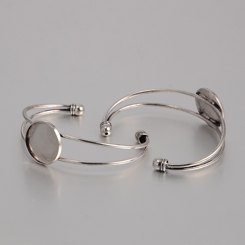 PandaHall Brass Cuff Bangle Makings, Bangle Blanks, with Flat Round Tray, Nickel Free, Antique Silver, 63mm, Tray: 20mm Brass