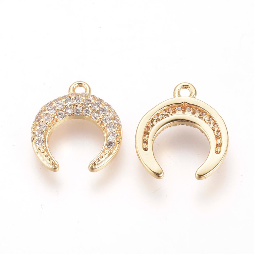 PandaHall Brass Micro Pave Cubic Zirconia Pendants, Real Gold Plated, Double Horn/Crescent Moon, 13x11.5x2mm, Hole: 1.5mm Brass+Cubic...