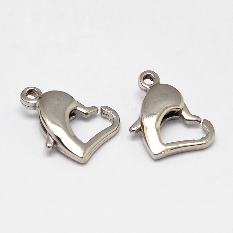 PandaHall 304 Stainless Steel Lobster Claw Clasps, Heart, Stainless Steel Color, 10x14x3.5mm, Hole: 1.5mm Stainless Steel Heart