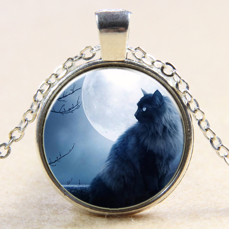 PandaHall Cat Pattern Flat Round Glass Pendant Necklaces, with Alloy Chains, Silver, 18" Alloy