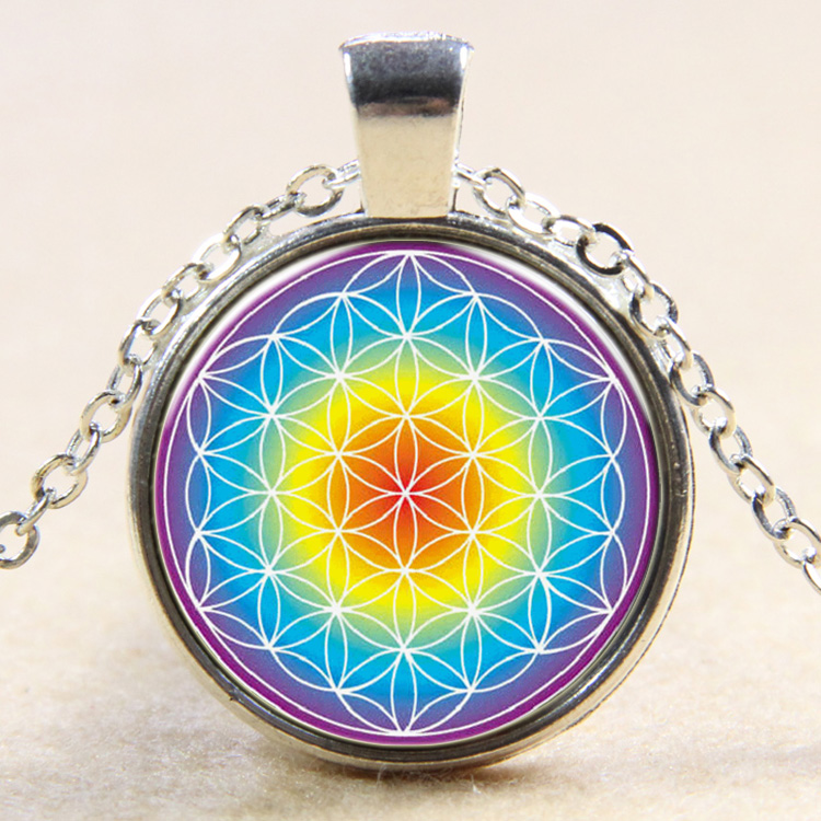 PandaHall Kaleidoscope Pattern Flat Round Glass Pendant Necklaces, with Alloy Chains, Silver, 18" Alloy