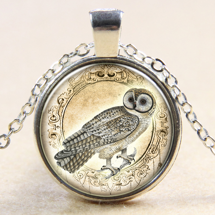 PandaHall Owl Pattern Flat Round Glass Pendant Necklaces, with Alloy Chains, Silver, 18" Alloy