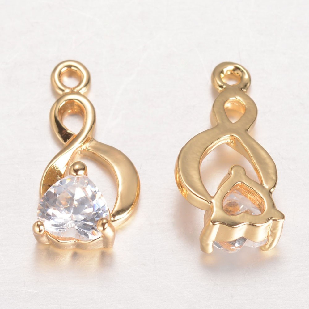 PandaHall Brass Cubic Zirconia Charms, Ribbon with Heart, Golden, 15x7x4mm, Hole: 1mm Brass+Cubic Zirconia Awareness Ribbon Clear