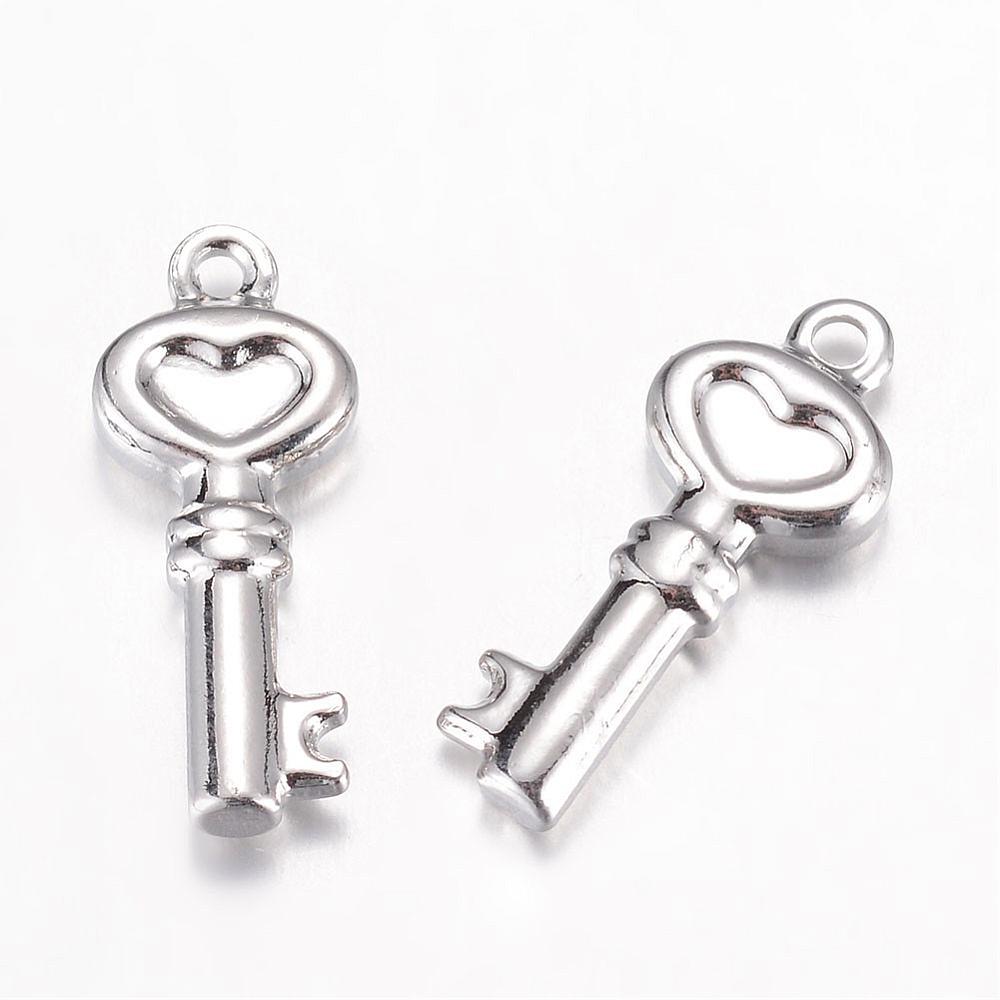 PandaHall 304 Stainless Steel Pendants, Key, Stainless Steel Color, 18.5x7.5x3mm, Hole: 1mm Stainless Steel Key