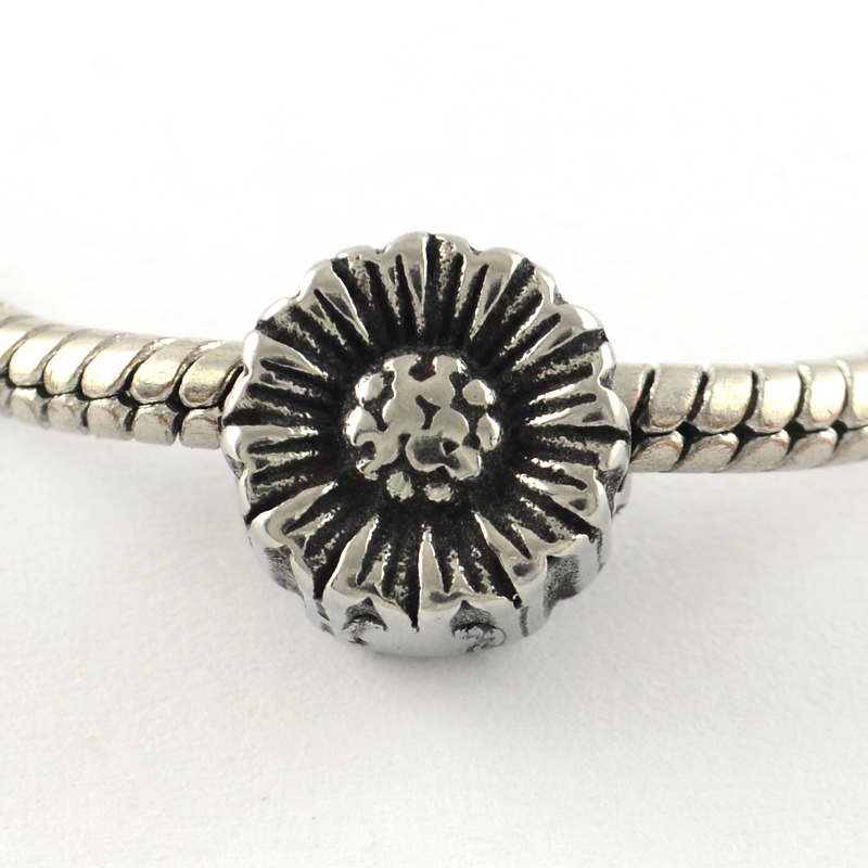 PandaHall Vintage Flat Round with Flower 316 Stainless Steel European Beads, Large Hole Beads, Antique Silver, 10x8mm, Hole: 4.5mm Stainless...