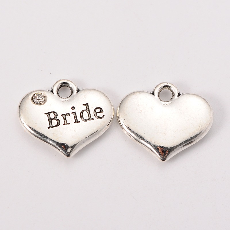 PandaHall Wedding Theme Antique Silver Tone Tibetan Style Heart with Bride Rhinestone Charms, Crystal, 14x16x3mm, Hole: 2mm Alloy Heart