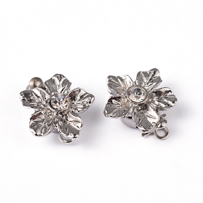 PandaHall Platinum Tone Brass Rhinestone Box Clasps, Flower, Size: about 12mm wide,14mm long, Hole:1~2mm Brass+Rhinestone Flower