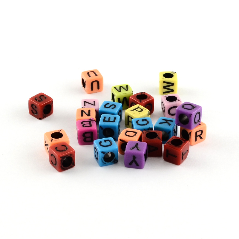 PandaHall Mixed Cube with Letter Opaque Acrylic Beads, Mixed Color, 6x6x6mm, Hole: 3mm; about 3100pcs/500g Acrylic Cube Multicolor
