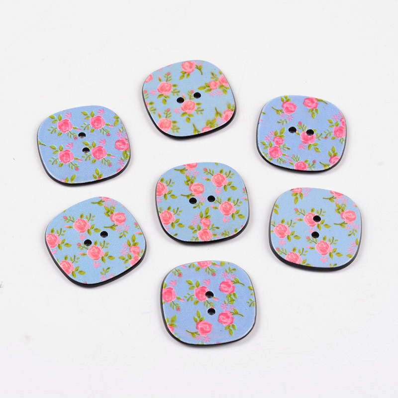 PandaHall 2-Hole Square with Rose Pattern Acrylic Buttons, Lilac, 24x24x2mm, Hole: 2mm Acrylic Flat Round Purple