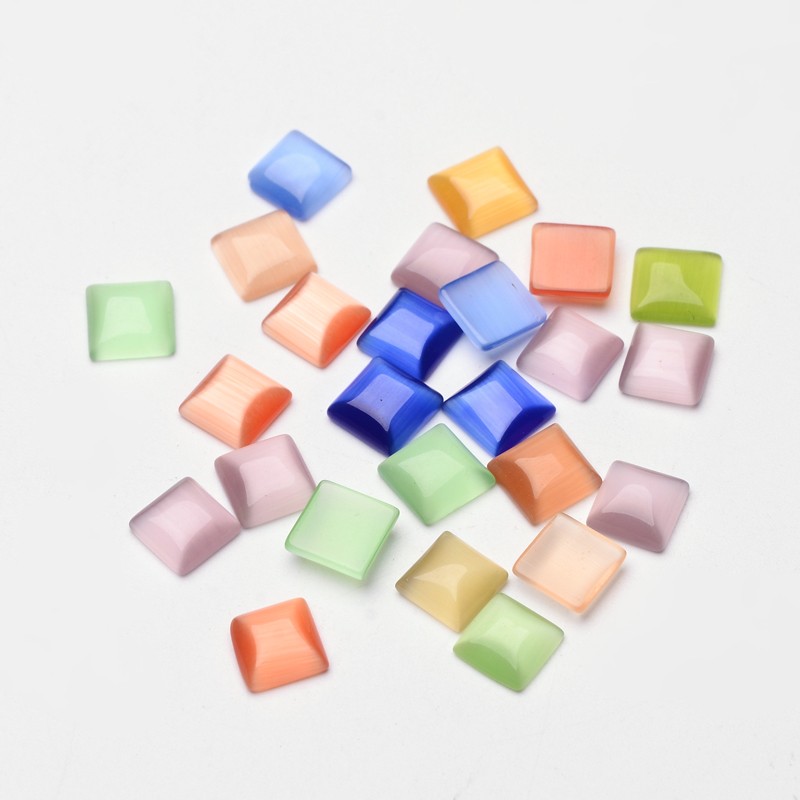 PandaHall Mixed Color Square Cat Eye Beads Cabochons, about 8mm wide, 8mm long. 2.5mm thick Glass Square Multicolor