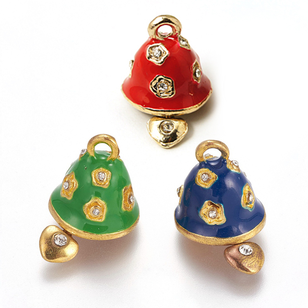 PandaHall Alloy Enamel Pendants, with Rhinestone, Christmas Bell, Golden, Mixed Color, 29x17.5mm, Hole: 3mm Alloy Rhinestone+Enamel Bell...