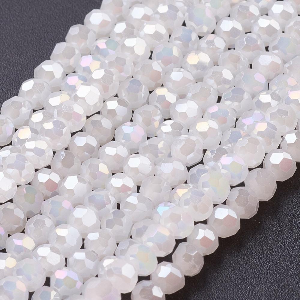 PandaHall Electroplate Glass Beads Strands, Imitation Jade, Faceted, Round, White, 3mm, Hole: 1mm; about 100pcs/strand, 11.5" Round White