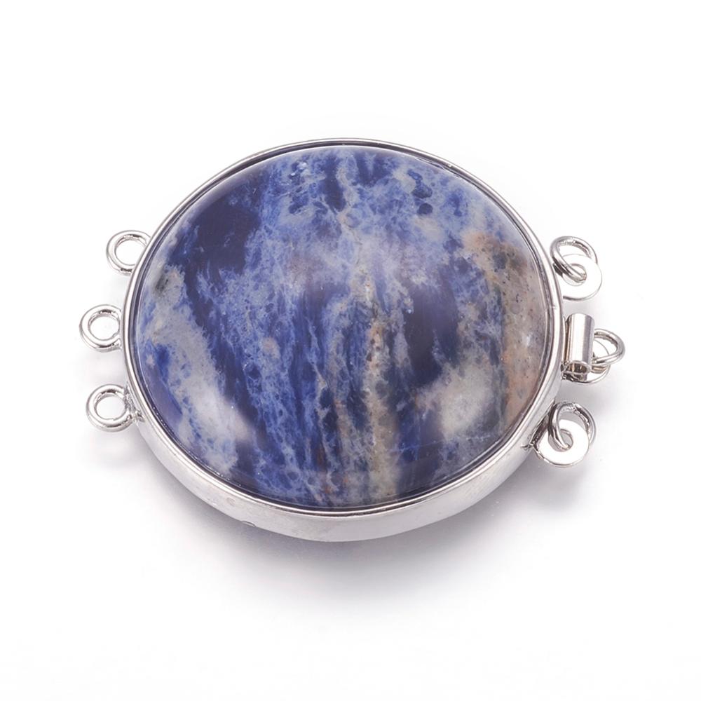 PandaHall Natural Sodalite Box Clasps, Multi-Strand Clasps, with Platinum Tone Brass Findings, Flat Round, 39.5~40x32x10~11mm, Hole: 2mm...