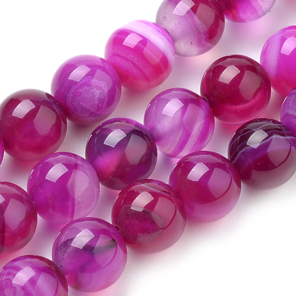PandaHall Natural Striped Agate/Banded Agate Beads Strands, Dyed, Round, Fuchsia, 8mm, Hole: 1mm; about 50pcs/strand, 15.7" Banded Agate...