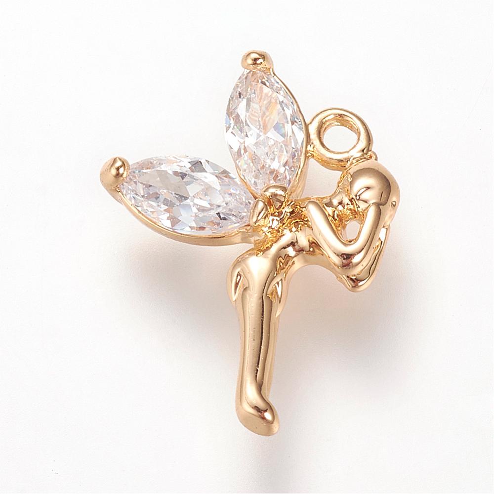 PandaHall Brass Micro Pave Cubic Zirconia Charms, Real Gold Plated, Fairy, 15x11x3mm, Hole: 1.5mm Brass+Cubic Zirconia Angel & Fairy