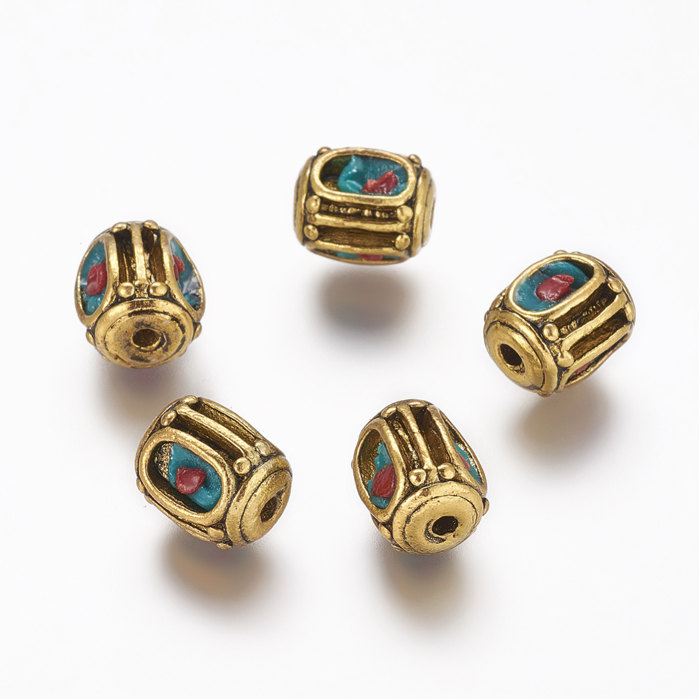 PandaHall 5PCS DIY Findings Oval Handmade Indonesia Beads, with Alloy Antique Bronze Metal Color Cores, FireBrick and Teal, 11x9.5x9mm, Hole...