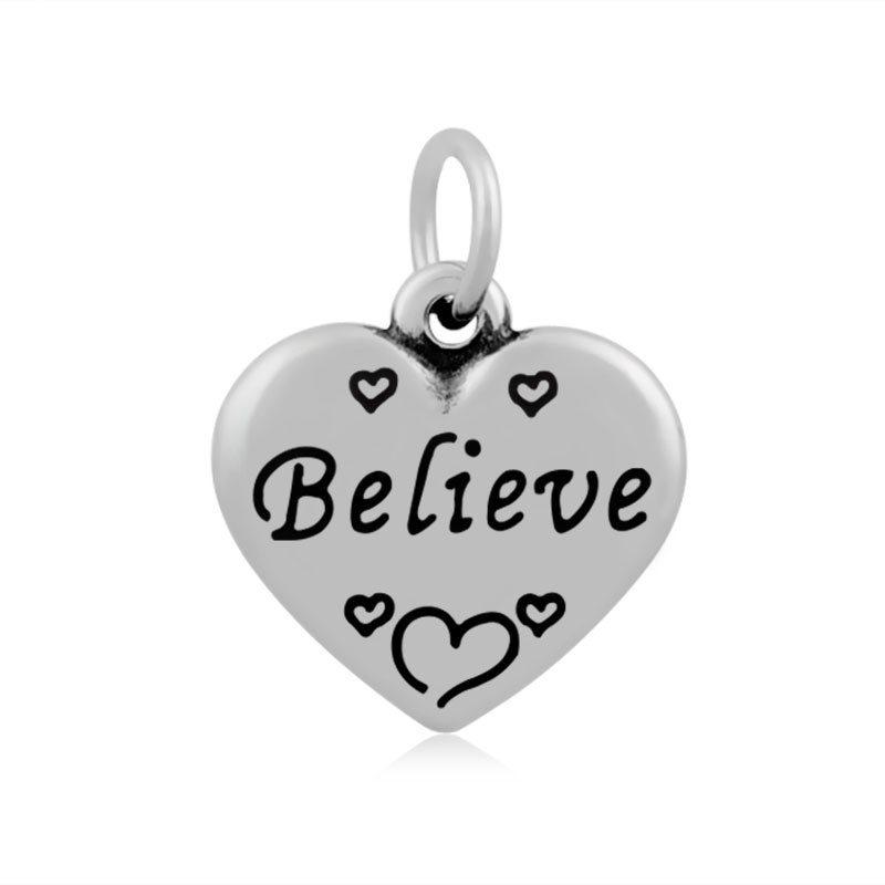 PandaHall 316 Stainless Steel Pendants, Heart, with Word Believe, Antique Silver, 21x16mm, Hole: 5mm Stainless Steel Heart