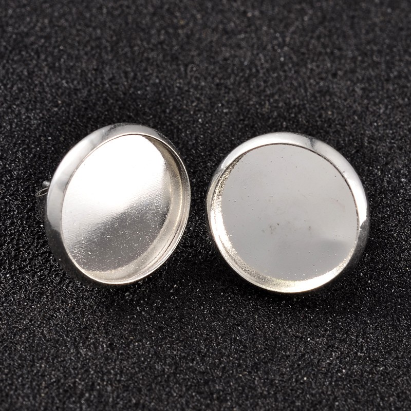 PandaHall Flat Round Brass Stud Earring Cabochon Settings, Silver, Tray: 12mm; 14x14mm, Pin: 0.7mm Brass Silver