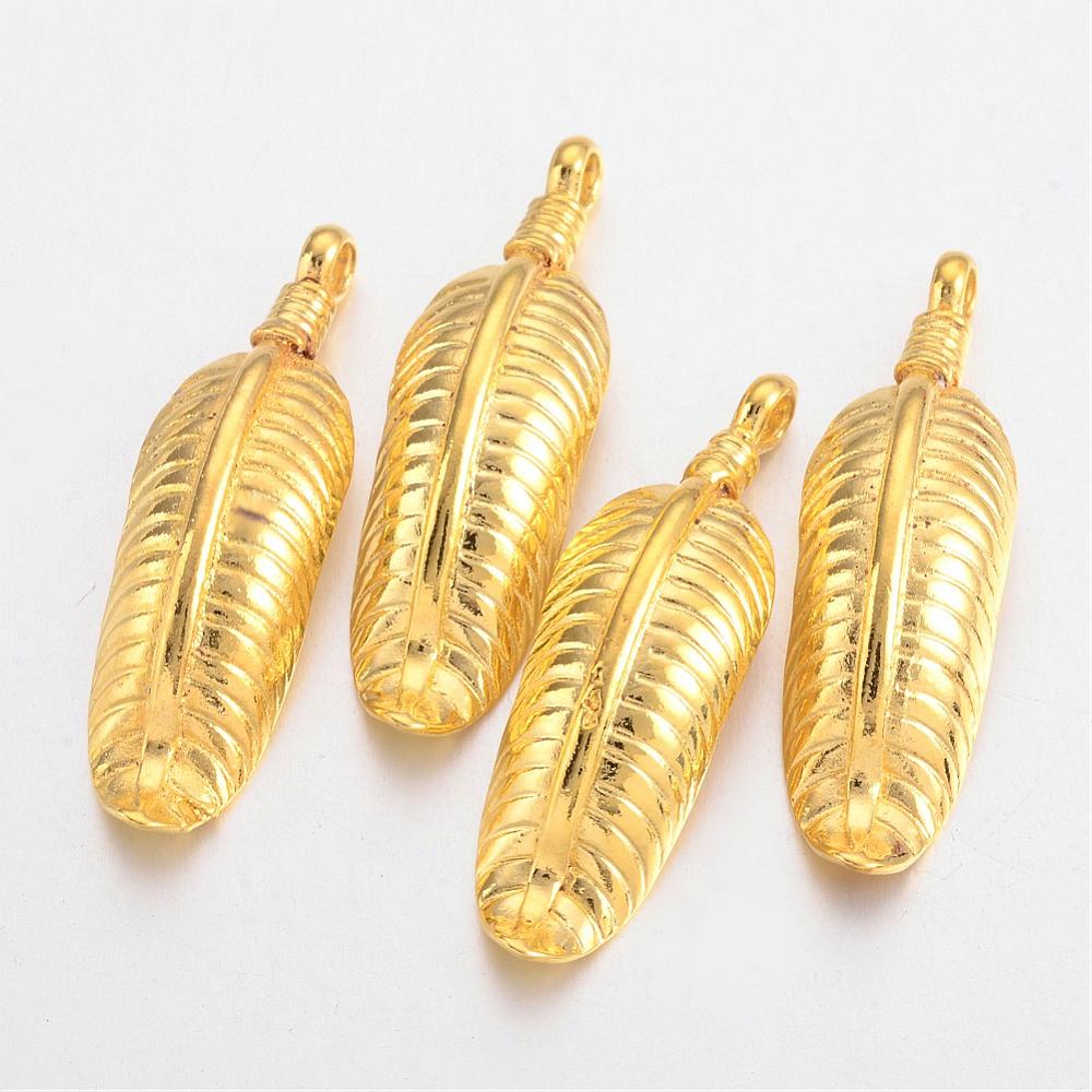 PandaHall Brass Pendants, Lead Free & Nickel Free, Feather, Golden, 37x12x5mm, Hole: 2mm Brass Feather