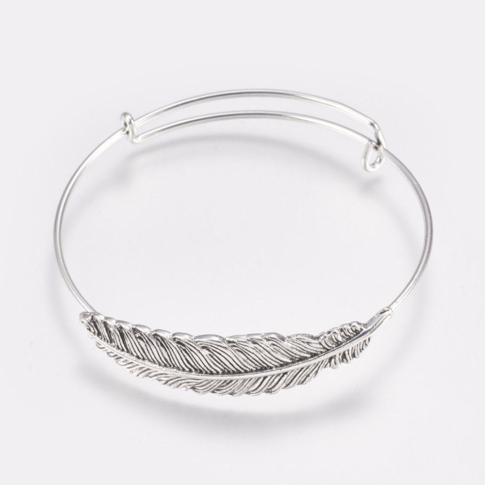 PandaHall Alloy Bangles, Feather, Antique Silver, 2-1/2"(64mm); 1.5mm Alloy