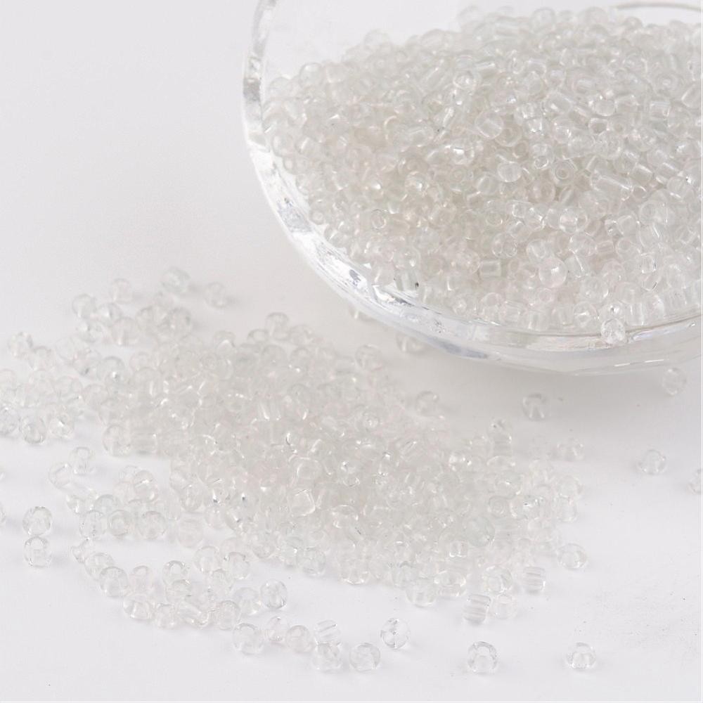 PandaHall 8/0 Glass Seed Beads, Transparent, Round, White, 3mm, Hole: 1mm; about 1097pcs/50g Glass White
