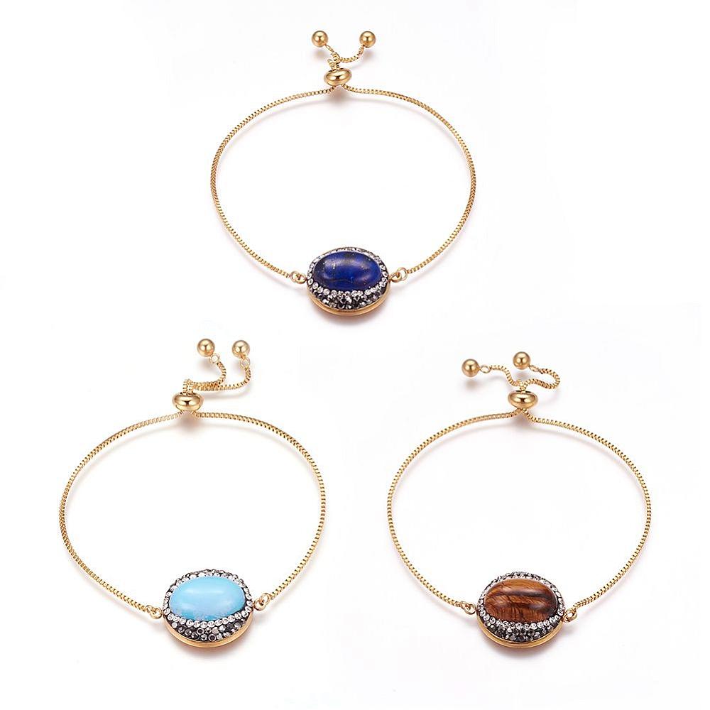 PandaHall 304 Stainless Steel, with Gemstone and Polymer Clay Rhinestone Link Bracelets, Round, 10-1/4"(260mm)x1mm Mixed Stone Multicolor