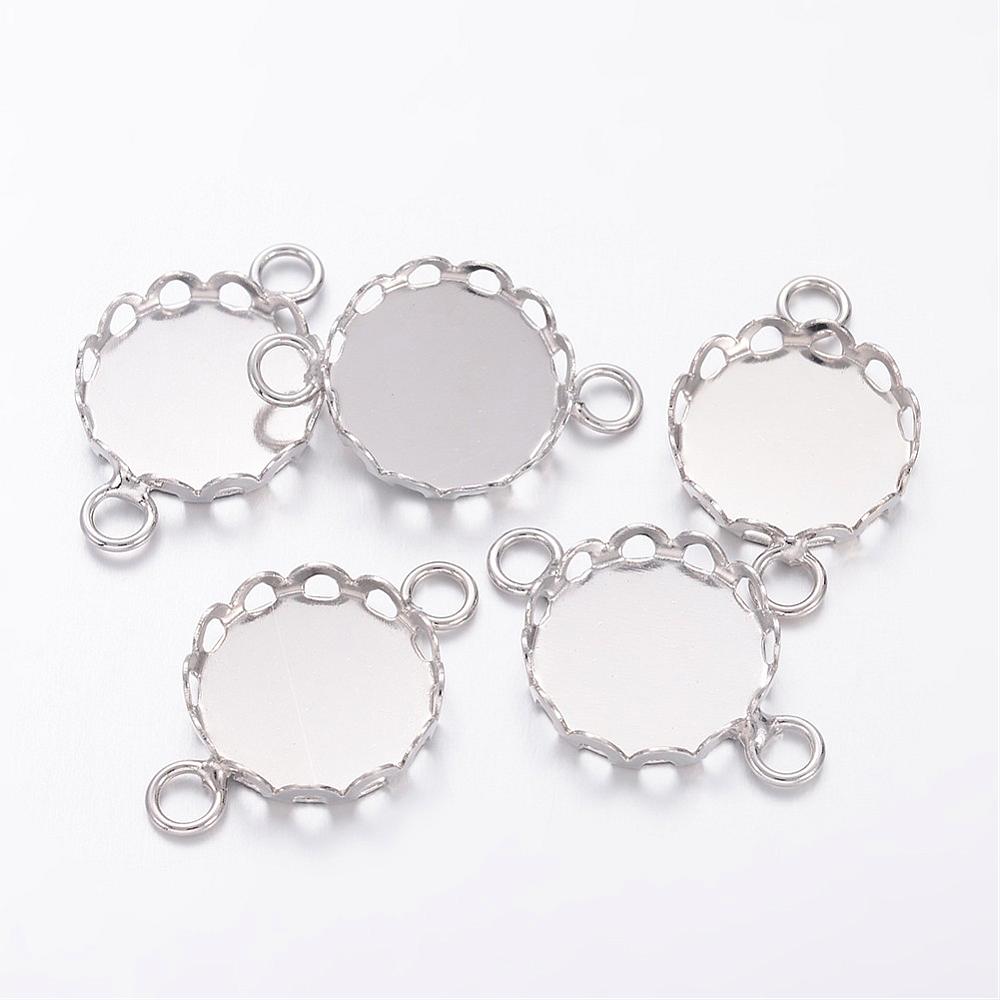 PandaHall Flat Round Brass Bezel Cabochon Connector Settings, Platinum, Tray: 12mm; 20x13x3mm, Hole: 2mm Brass Flat Round