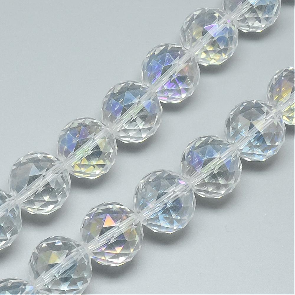 PandaHall Electroplate Glass Bead Strands, Rainbow Plated, Faceted, Round, Clear, 16x16mm, Hole: 2mm; about 50pcs/strand, 30'' Glass Round...