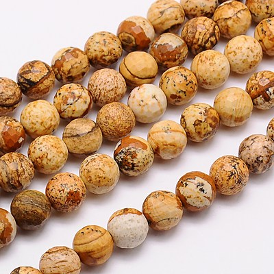 PandaHall Natural Picture Jasper Beads Strands, Faceted, Round, 6mm, Hole: 1mm; about 60pcs/strand, 15.55" Picture Jasper Round Brown