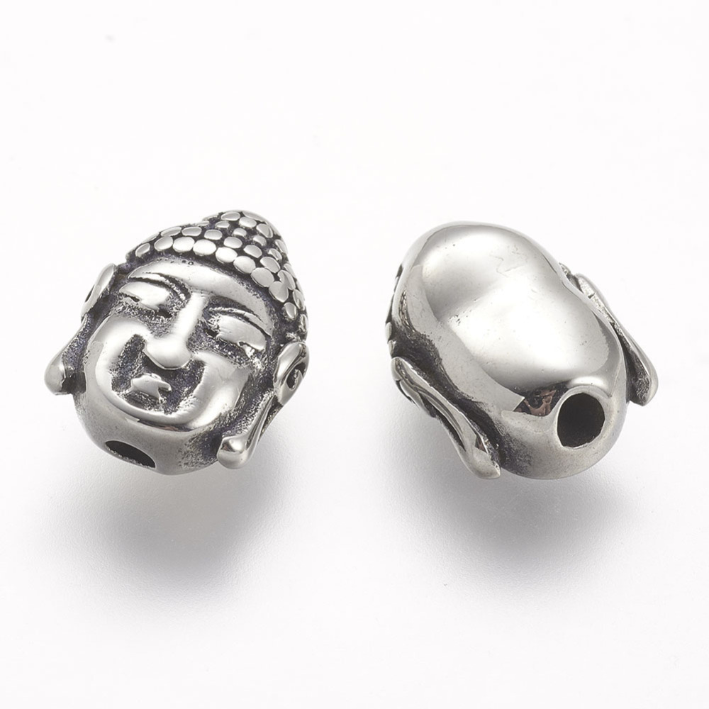 PandaHall 304 Stainless Steel Beads, Buddha Head, Antique Silver, 14x11x6.5mm, Hole: 2.5mm Stainless Steel Human