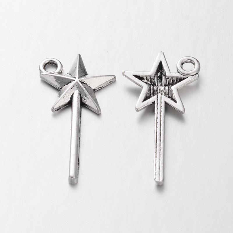 PandaHall Tibetan Style Pendants, Lead Free, Star, Magic Wand, Antique Silver, 26x13x2mm, Hole: 1.5mm Alloy Star