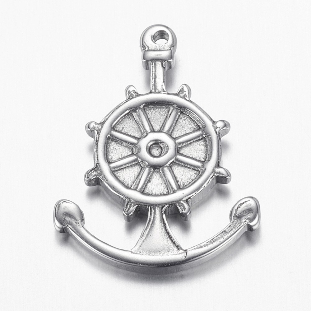 PandaHall 304 Stainless Steel Pendants, Anchor & Helm, Stainless Steel Color, 25x18.5x2.5mm, Hole: 1mm Stainless Steel Anchor & Helm