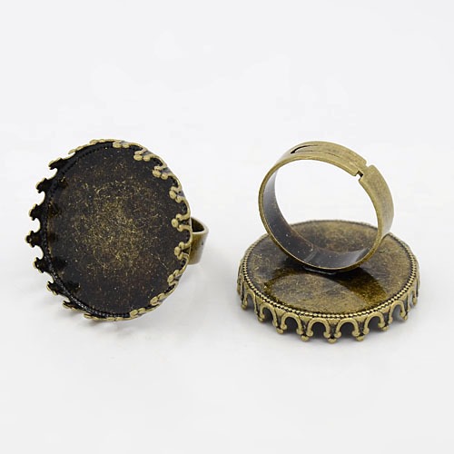 PandaHall Adjustable Brass Pad Ring Findings, Flat Round, Nickel Free, Antique Bronze, Inner Diameter: 17mm, Tray: 25mm Brass