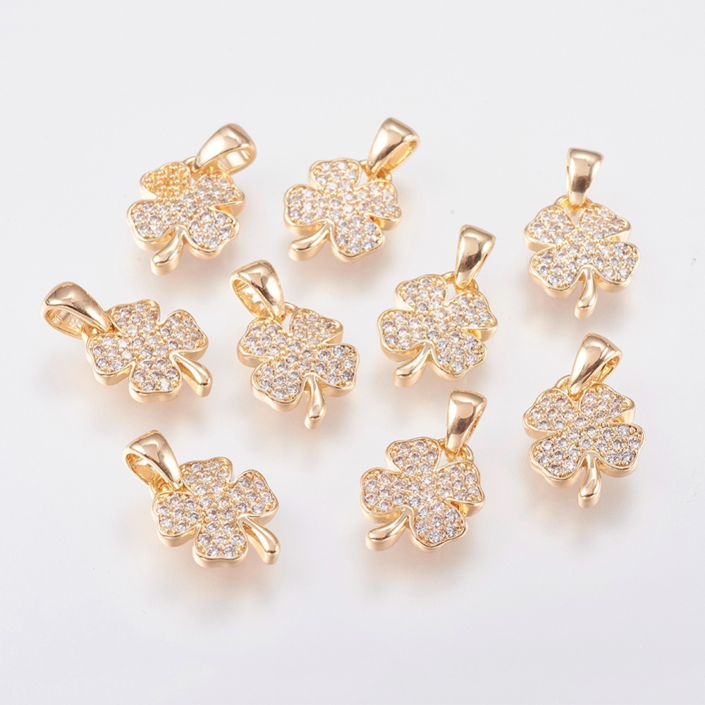 PandaHall Brass Micro Pave Cubic Zirconia Charms, Clover, Clear, Real Gold Plated, 12x9x1.5mm, Hole: 2x3mm Brass+Cubic Zirconia Clover Clear