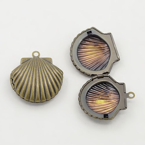 PandaHall Brass Locket Pendants, Shell, Nickel Free, Antique Bronze, Tray: 15.5x13.5mm; 23.5x22x9mm, Hole: 1mm Brass Shell