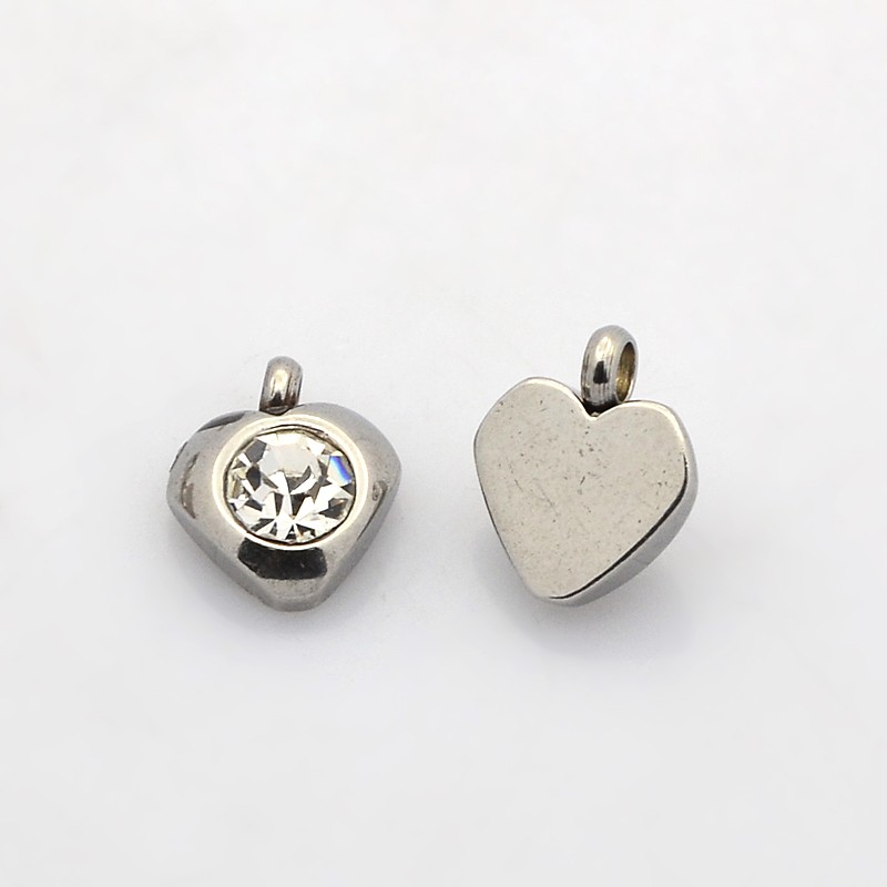 PandaHall Heart 304 Stainless Steel Rhinestone Charms, Stainless Steel Color, 9x8x4mm, Hole: 2mm Stainless Steel Heart