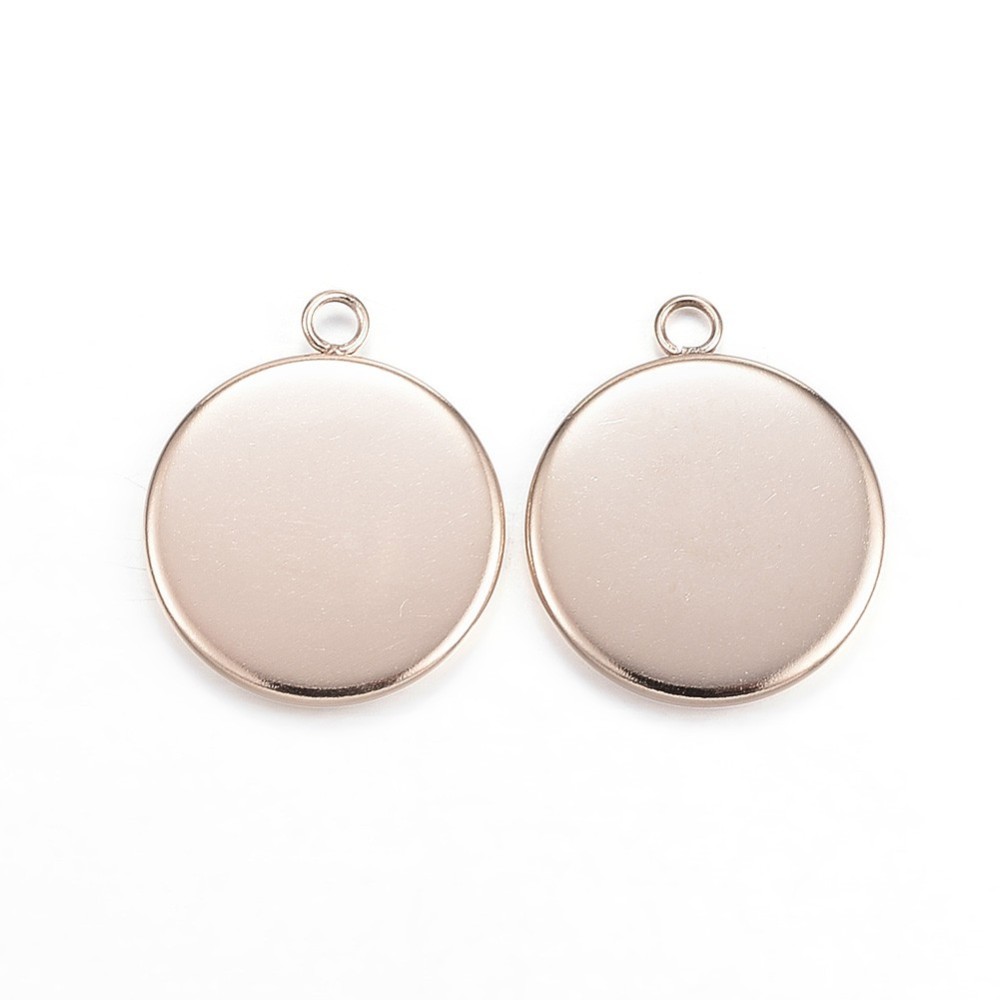 PandaHall 304 Stainless Steel Pendant Cabochon Settings, Flat Round, Rose Gold, Tray: 14mm; 19x16x2mm, Hole: 2mm Stainless Steel Flat Round