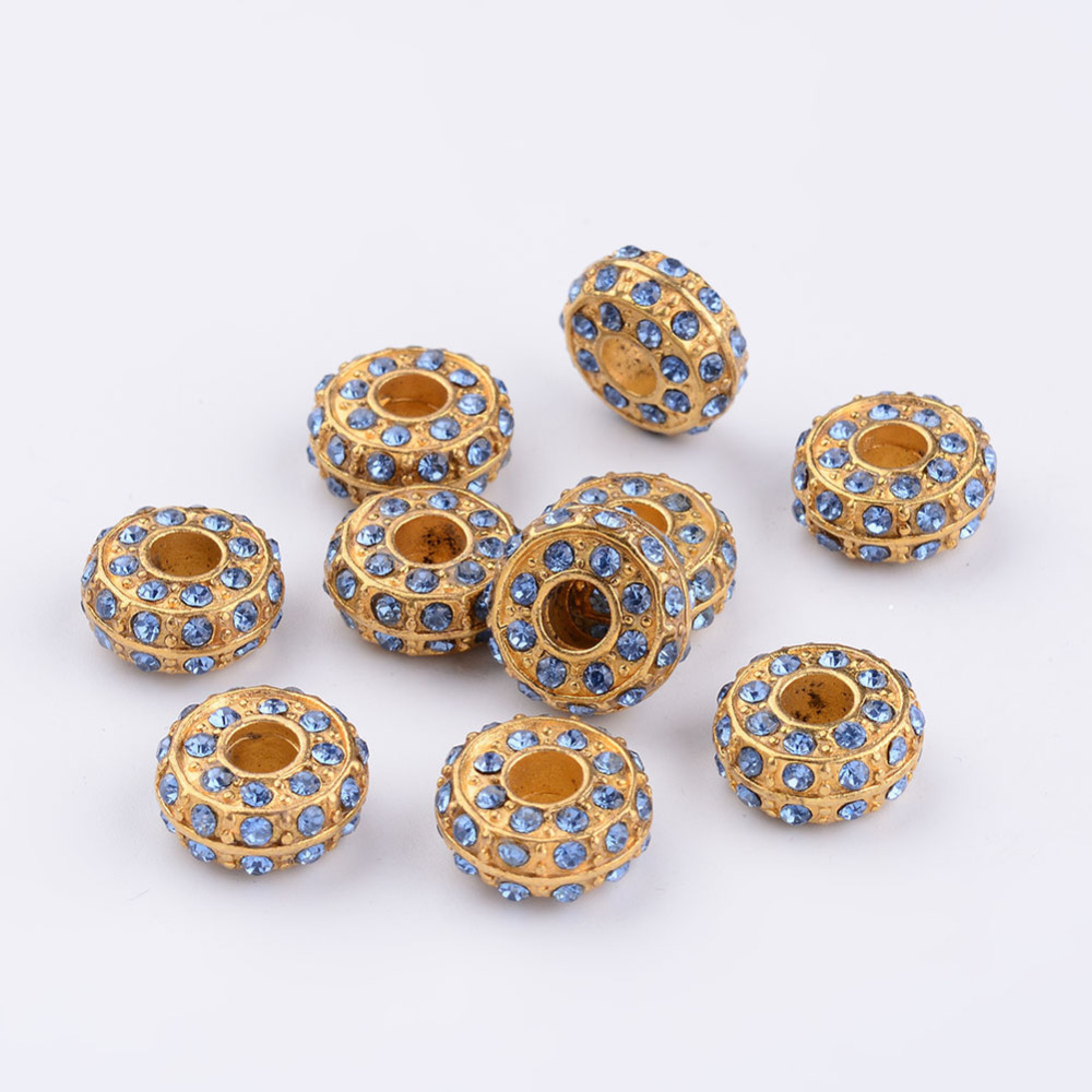 PandaHall Defective Alloy Rhinestone European Beads, Large Hole Beads, Golden Metal Color, Rondelle, Light Sapphire, 14x7mm, Hole: 5mm...